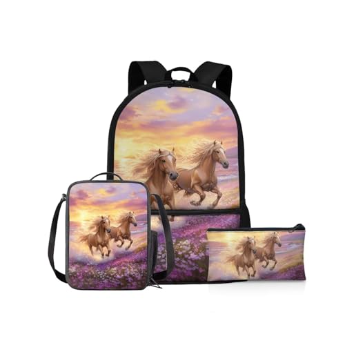 NETILGEN Schulrucksack Mädchen Schulbüchertaschen-Set 43,2 cm Kinder Schulter-Büchertasche und Lunchbox Federmäppchen für Grundschüler Mittelschüler, Laufpferd, Kinderrucksack von NETILGEN