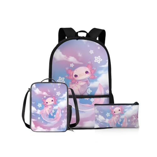 NETILGEN Schulrucksack Mädchen Schulbüchertaschen-Set 43,2 cm Kinder Schulter-Büchertasche und Lunchbox Federmäppchen für Grundschüler Mittelschüler, Niedliches Axolotl, Kinderrucksack von NETILGEN