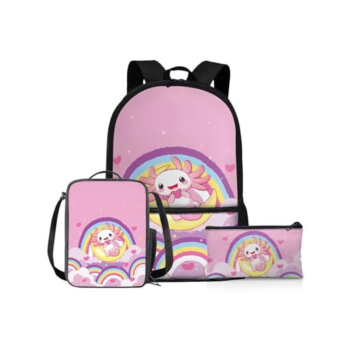 NETILGEN Schulrucksack Mädchen Schulbüchertaschen-Set 43,2 cm Kinder Schulter-Büchertasche und Lunchbox Federmäppchen für Grundschüler Mittelschüler, Rainbow Axolotl, Kinderrucksack von NETILGEN