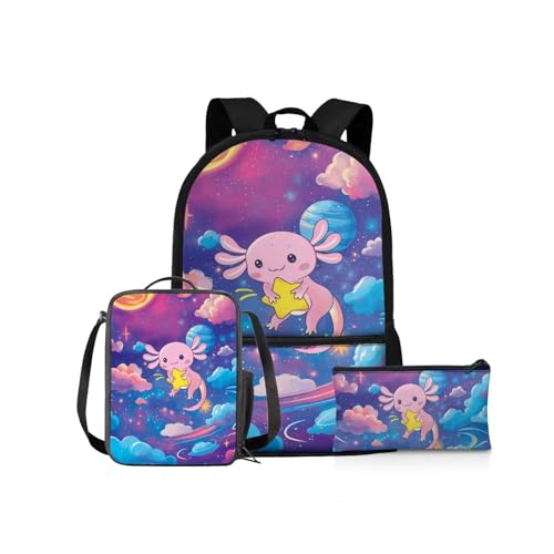 NETILGEN Schulrucksack Mädchen Schulbüchertaschen-Set 43,2 cm Kinder Schulter-Büchertasche und Lunchbox Federmäppchen für Grundschüler Mittelschüler, Universe Space Axolotl, Kinderrucksack von NETILGEN