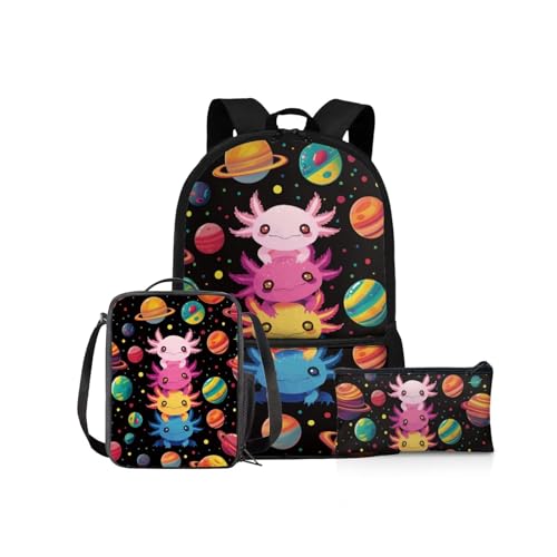 NETILGEN Schulrucksack Mädchen Schulbüchertaschen-Set 43,2 cm Kinder Schulter-Büchertasche und Lunchbox Federmäppchen für Grundschüler Mittelschüler, Universum Space Galaxy Axolotl, Kinderrucksack von NETILGEN