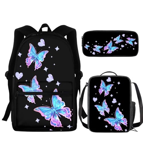 NETILGEN Schultasche + Federmäppchen + Lunch-Tasche, 3 Sets, groß, cool für Kinder, Jungen, Teenager, Reisen, personalisierbar, Blau Violett Schmetterling, Einheitsgröße von NETILGEN