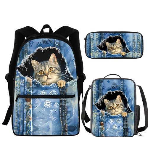 NETILGEN Schultasche + Federmäppchen + Lunch-Tasche, 3 Sets, groß, cool für Kinder, Jungen, Teenager, Reisen, personalisierbar, Cat Denim, Einheitsgröße von NETILGEN