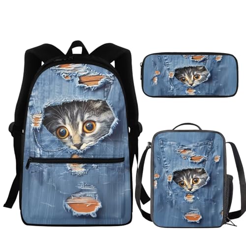 NETILGEN Schultasche + Federmäppchen + Lunch-Tasche, 3 Sets, groß, cool für Kinder, Jungen, Teenager, Reisen, personalisierbar, Niedliche Katzen-Denim, Einheitsgröße von NETILGEN