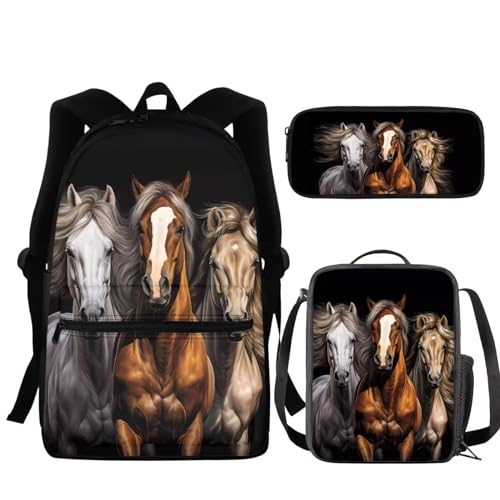 NETILGEN Schultasche + Federmäppchen + Lunch-Tasche, 3 Sets, groß, cool für Kinder, Jungen, Teenager, Reisen, personalisierbar, Pferd versch, Einheitsgröße von NETILGEN