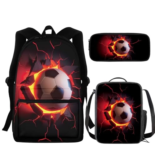 NETILGEN Schultasche + Federmäppchen + Lunch-Tasche, 3 Sets, groß, cool für Kinder, Jungen, Teenager, Reisen, personalisierbar, Soccer Lava, Einheitsgröße von NETILGEN