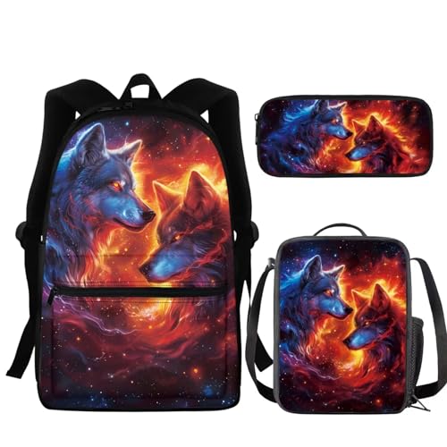 NETILGEN Schultasche + Federmäppchen + Lunch-Tasche, 3 Sets, groß, cool für Kinder, Jungen, Teenager, Reisen, personalisierbar, Wolf Fire Red, Einheitsgröße von NETILGEN