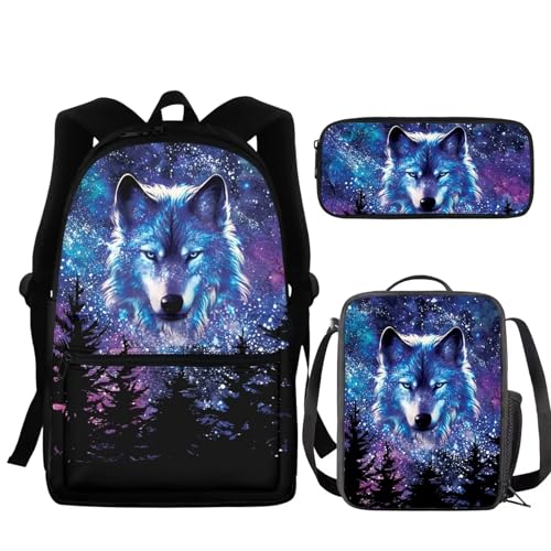 NETILGEN Schultasche + Federmäppchen + Lunch-Tasche, 3 Sets, groß, cool für Kinder, Jungen, Teenager, Reisen, personalisierbar, Wolf Galaxy Forest, Einheitsgröße von NETILGEN