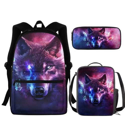 NETILGEN Schultasche + Federmäppchen + Lunch-Tasche, 3 Sets, groß, cool für Kinder, Jungen, Teenager, Reisen, personalisierbar, Wolf Schmetterling Rosa, Einheitsgröße von NETILGEN