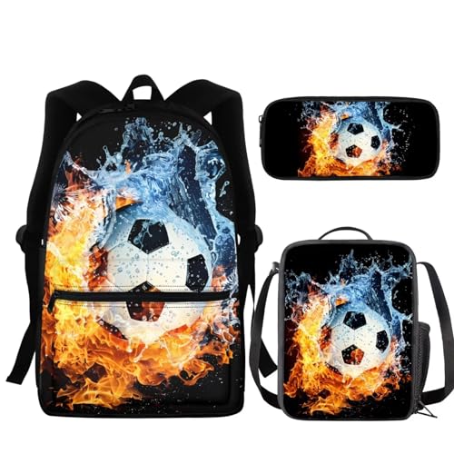 NETILGEN Schultasche + Federmäppchen + Lunchtasche, 3 Sets, groß, cool für Kinder, Jungen, Teenager, Reisen, personalisierbar, Fußball, Wasserfeuer, Einheitsgröße von NETILGEN