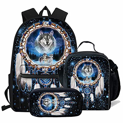 NETILGEN Schultasche + Federmäppchen + Lunchtasche, 3 Sets, groß, cool für Kinder, Jungen, Teenager, Reisen, personalisierbar, Traumfänger Wolf, Einheitsgröße, Schulranzen von NETILGEN