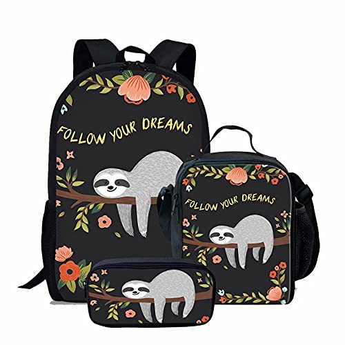 NETILGEN Süßes lustiges Faultier Follow Your Dreams Rucksäcke Schulrucksäcke, Kinder Lunch Bag, Mädchen Geschenke Federmäppchen, 3 in 1 Kinder Schultaschen 3 Stück Set von NETILGEN