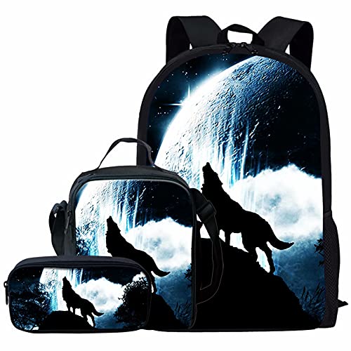 NETILGEN Tier Wolf Muster Rucksack Für Jungen Reisen Camping Wandern Radfahren Outdoor Sport + Tragbare Gymnastik Lebensmittel Aufbewahrungstasche Und Bleistiftbeutel Kinder 3 Stück von NETILGEN