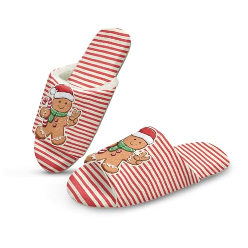 NETILGEN Weihnachten Gingerbread Mann Druck Open Toe Haus Pantoffeln für Frauen Weihnachtstag Flannel Warme Flache Pantoffeln von NETILGEN
