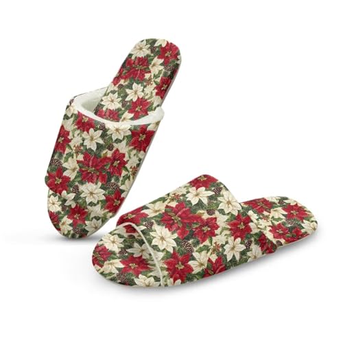 NETILGEN Weihnachten Poinsettia Blume Open Toe Haus Hausschuhe für Frauen Flannel Warme Flache Hausschuhe für Indoor Outdoor von NETILGEN