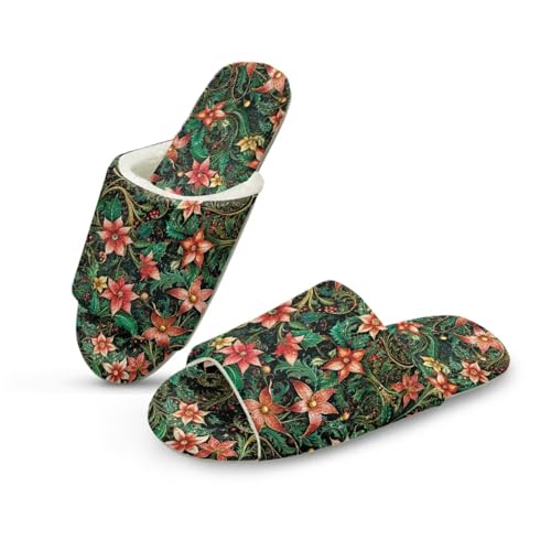 NETILGEN Weihnachten Poinsettia Blumen Damen Bequeme Flannel Haus Hausschuhe Indoor Outdoor Open Toe Flache Hausschuhe von NETILGEN