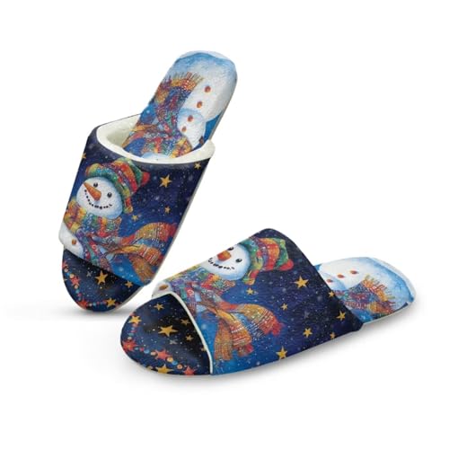 NETILGEN Weihnachten Schneemann Blaue Sternennacht Pantoffeln für Frauen Haus Schlafzimmer Flannel Pantoffeln für Indoor Outdoor von NETILGEN
