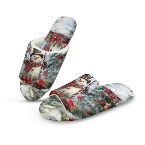 NETILGEN Weihnachtsdekor Frauen Haus Pantoffeln Indoor Outdoor Fuzzy Open Toe Flache Pantoffeln Schneefeld Schneemann Drucken von NETILGEN