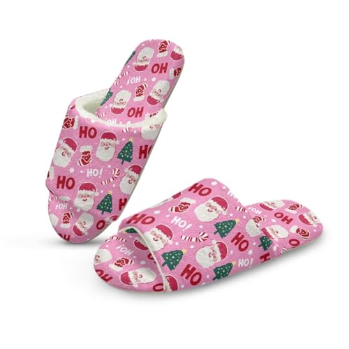 NETILGEN Weihnachtsmann Pink Flannel Pantoffeln für Winter Frauen offene Zehe Rutschschutz Haus Schlafzimmer Pantoffeln von NETILGEN