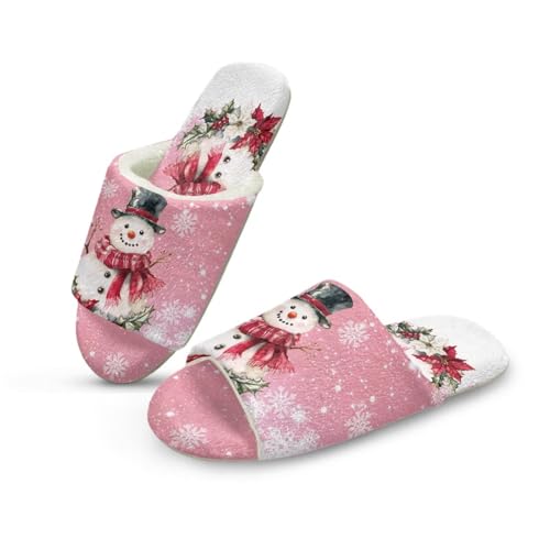 NETILGEN Weihnachtstheme Damen Pantoffel Offene Zehe warme gemütliche Pantoffel Schneemann Pink von NETILGEN