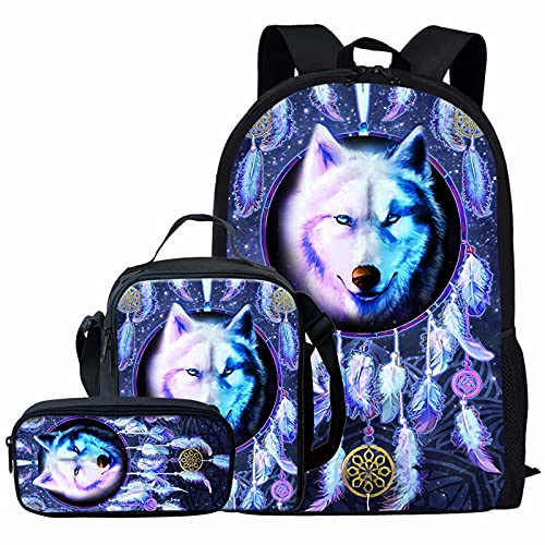 NETILGEN White Wolf Dream Catcher Print Gym Yoga Lunch Bag, Kinder Mädchen Jungen Frauen Casual Buchtasche, Teen College Aufbewahrungsorganisator 3er Set von NETILGEN