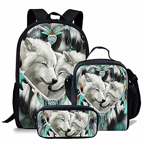 NETILGEN White Wolf Rucksack Geschenke Schultaschen-Set, Lunchbox Lebensmittel Aufbewahrungstasche für Reise Schulpicknick, Federmäppchen mit Reißverschluss für Kinder Teen Jungen von NETILGEN