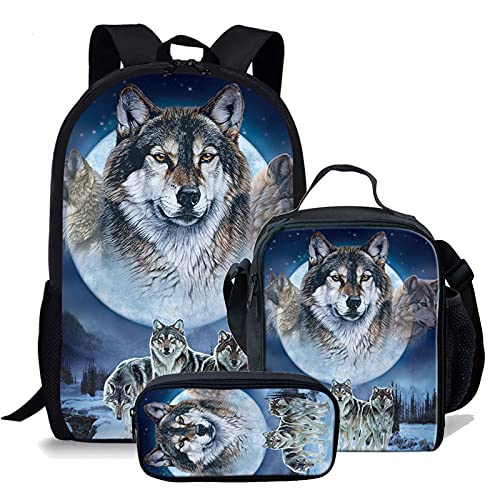 NETILGEN Wolves Jugend Schultaschenset, Leichter Laptop 3-in-1-Rucksack isolierte Lunchbox Federmäppchen Gym tragbare Einkaufstasche für Studenten Büropersonal Geschenk für Jungen und Männer von NETILGEN