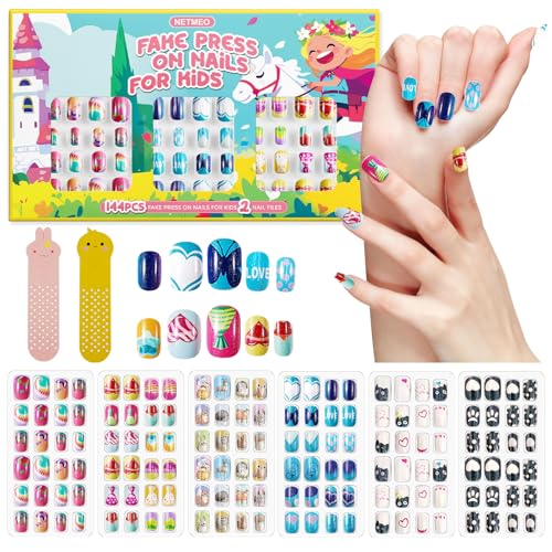 144 Stück Aufklebbare Nägel für Kinder, vorgeklebt, vollständige Abdeckung, künstliche Nägel für Kinder und Mädchen, kurze Acrylnägel zum Aufdrücken, Geschenkset (Schmetterling) von NETMEO