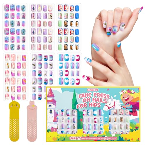 144 Stück Aufklebbare Nägel für Kinder, vorgeklebt, vollständige Abdeckung, künstliche Nägel für Kinder und Mädchen, kurze Acrylnägel zum Aufdrücken, Geschenkset (Stern) von NETMEO