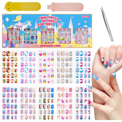 Künstliche Fingernägel für Kinder, mit Nagelkleber, langlebig, schnell aufklebbar, süßer, vorgeklebter Acryl-Nagel-Set für Mädchen und Kinder Geschenk zum Selbermachen (Candy Unicorn) von NETMEO