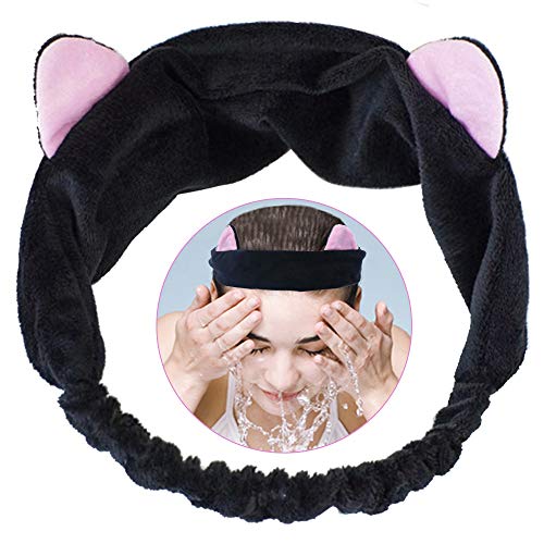 Haarband Katzenohren Haarbänder Damen, Haarreifen mit Ohren with Hochelastisches Komfort-Stirnband, Mädchen Makeup Haarband Schminken Handtuch Stirnband for Yoga Gesicht Waschen Oder Make-up (Schwarz) von NETUME