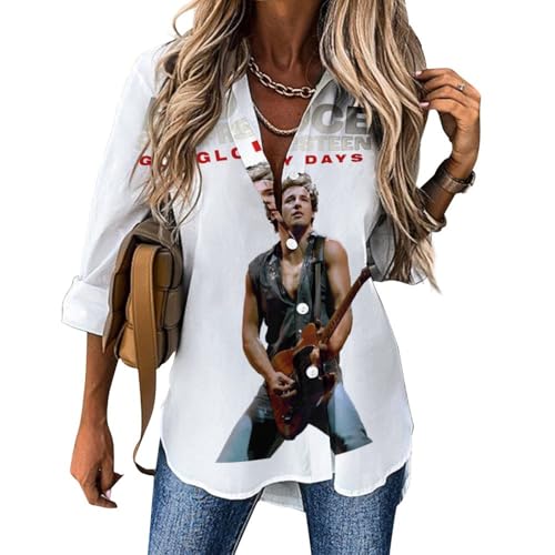 Bruce Frauen Button Down Shirts Damen Langarm Faltenfreie Solide Arbeit Bluse Kleid Springsteen Shirts Blusenshirt Tops für Fans Merch Geschenke von NEUITAE