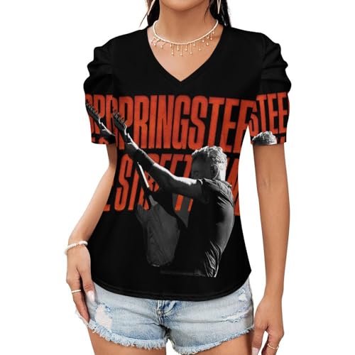 Damen Bruce T-Shirts Coole Logo Druck Schwarz Springsteen T Shirts V-Ausschnitt Puff Kurzarm Elegant Singer Sommer lässig Tshirts V Neck Bluse Tops für Frauen Fans Merch Geschenke von NEUITAE