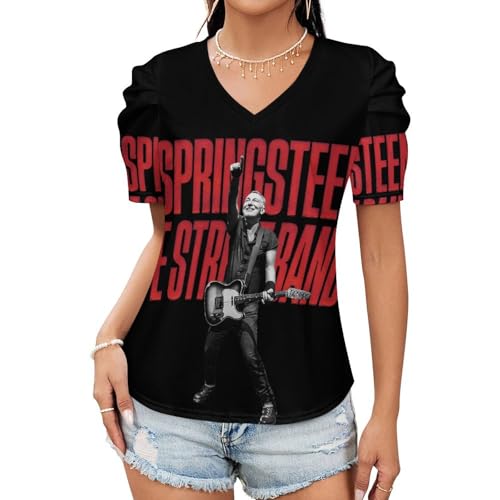 Damen Bruce T-Shirts Coole Logo Druck Schwarz Springsteen T Shirts V-Ausschnitt Puff Kurzarm Elegant Singer Sommer lässig Tshirts V Neck Bluse Tops für Frauen Fans Merch Geschenke von NEUITAE