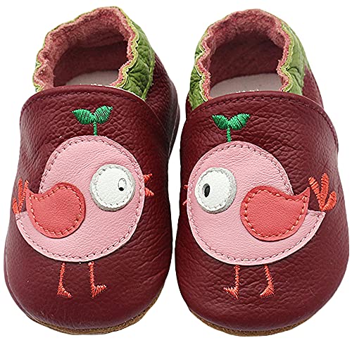 NEUSOP Krabbelschuhe Leder Lauflernschuhe Mädchen Jungen Weicher Baby Lauflernschuhe Kleinkind Hausschuhe mit Wildledersohlen Babyschuhe 0-24 Monate,Redbirds,12-18 Monate von NEUSOP