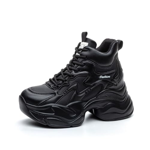Orthopädische Damen-Sneaker, stilvoller Wanderschuh, modischer Schnürschuh, höhenerhöhend, klobige Schuhe, rutschfeste Plattform, Papa-Schuh, Schwarz-hohes Oberteil, 36 EU von NEUUGO