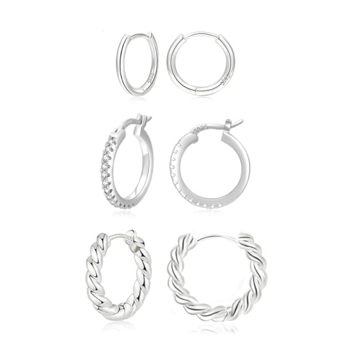 NEVEGE Kleine Creolen Silber 925 3Pairs Ohrringe Silber 925 Creolen für Damen Gilrs Hypoallergene Huggies Ohrringe Creolen Kleines Schläfer Creolen Set für Mehrere Piercings 13 mm/15 mm/20 mm von NEVEGE