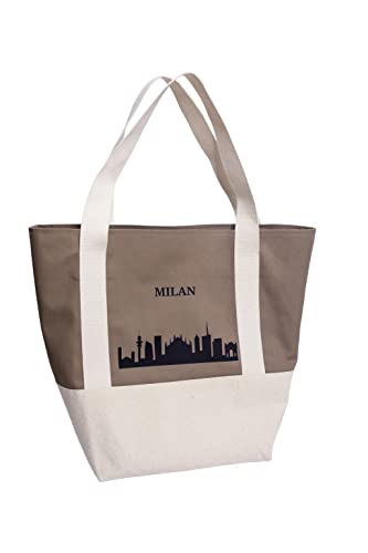 NEW HOPE Women's Zweifarbige Moderne Tasche mit Milan-Schriftzug Shopper, White/Brown von NEW HOPE