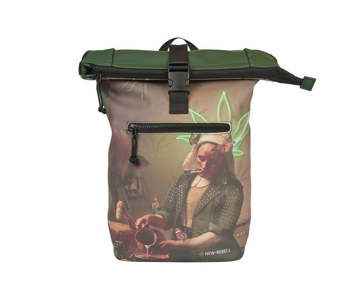 NEW REBELS Freizeitrucksack Roll Up RollTop Kurier Rucksack New York Milkmaid, Motiv: kiffendes Mädchen, Hanfblatt, Laptopfach, wasserabweisend von NEW REBELS