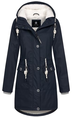 NEW VIEW Damen Regenjacke wasserabweisender Parka mit Kapuze Annika Long Teddy L60273FC15 Navy (Dark Sapphire) S von NEW VIEW
