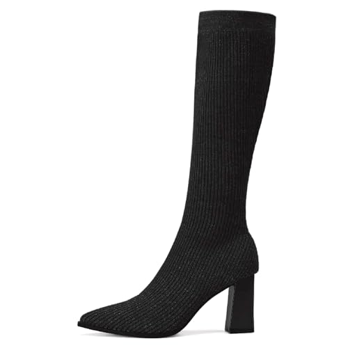 Damen Winter Kniehohe Stiefel Stretch Strickmaterial Grobabsatz Rutschfester Komfortstil, Dunkles Schwarz, 37 EU von NEWBELLA