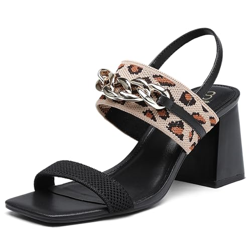 NEWBELLA COSY Damen Knit Square Toe Sandalen Chunky Block Heel Slip-Ons mit Metallkettenriemen rutschfeste Komfort Slides für Walking, Shopping, Party, Schwarz Leopard, 38.5 EU von NEWBELLA