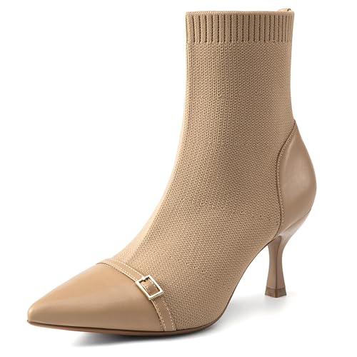 NEWBELLA COSY Damen Spitz Zehen Stiefeletten Elegant Stiletto Absatz Stiefeletten Warme Winterstiefel Herbst Winter Mode, Hautfarben, 38 EU von NEWBELLA