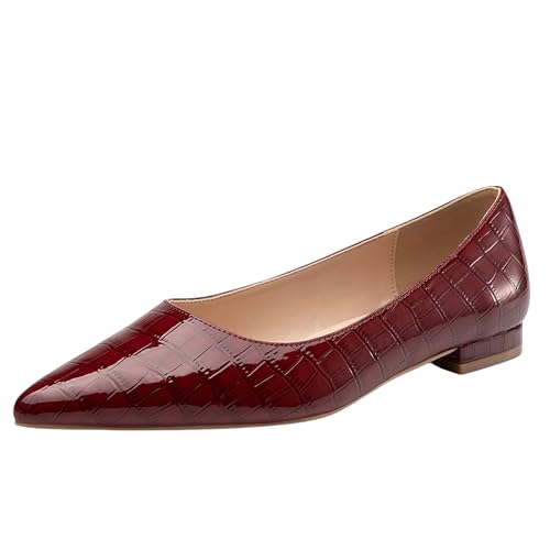 NEWBELLA Damen Ballerina Spitze Zehen PU Leder Minimalistische Slip-On Schuhe Weite Weite Weite, Burgunder, 38.5 EU von NEWBELLA