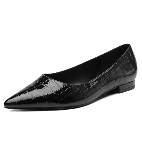 NEWBELLA Damen Ballerina Spitze Zehen PU Leder Minimalistische Slip-On Schuhe Weite Weite Weite, Schwarz, 39.5 EU Weit von NEWBELLA