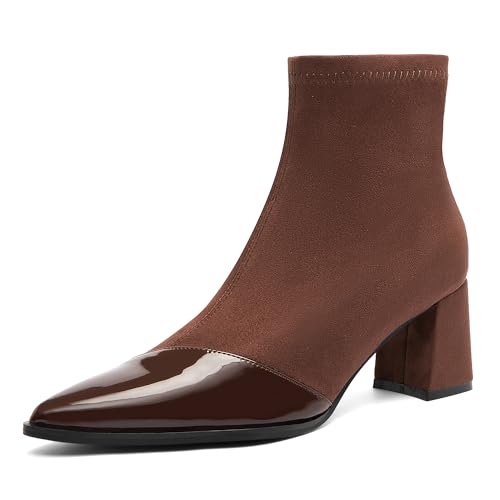 NEWBELLA Damen Chunky Blockabsatz Stiefeletten Spitz Zehen Bequeme Arbeit Freizeit Booties mit Rutschfester Sohle, Braun, 39.5 EU von NEWBELLA