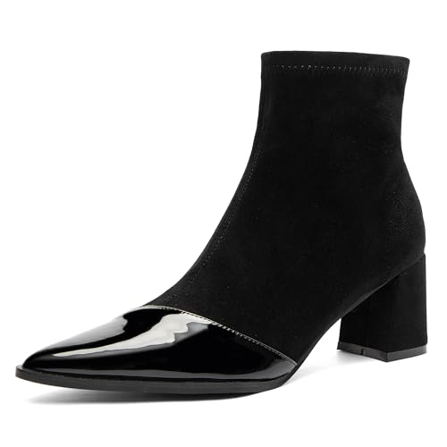 NEWBELLA Damen Chunky Blockabsatz Stiefeletten Spitz Zehen Bequeme Arbeit Freizeit Booties mit Rutschfester Sohle, Schwarz, 37.5 EU von NEWBELLA