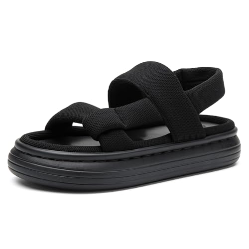 NEWBELLA Damen Chunky Plateau-Sandalen mit Stretch-Strick-Obermaterial und Memory-Schaum – Bequeme Sommerpantoffeln mit klobigem Absatz, Dunkles Schwarz, 36 EU von NEWBELLA
