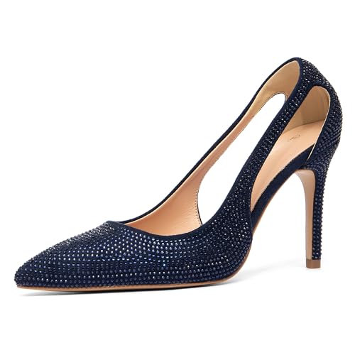 NEWBELLA Damen Glitzer Stiletto Heels Spitze Zehen High Heels mit ausgehöhlten Seiten Sparkly Kleid Pumps für Party Abend, Blau, 37.5 EU von NEWBELLA