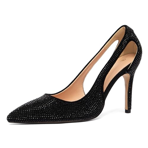 NEWBELLA Damen Glitzer Stiletto Heels Spitze Zehen High Heels mit ausgehöhlten Seiten Sparkly Kleid Pumps für Party Abend, Schwarz, 42 EU von NEWBELLA